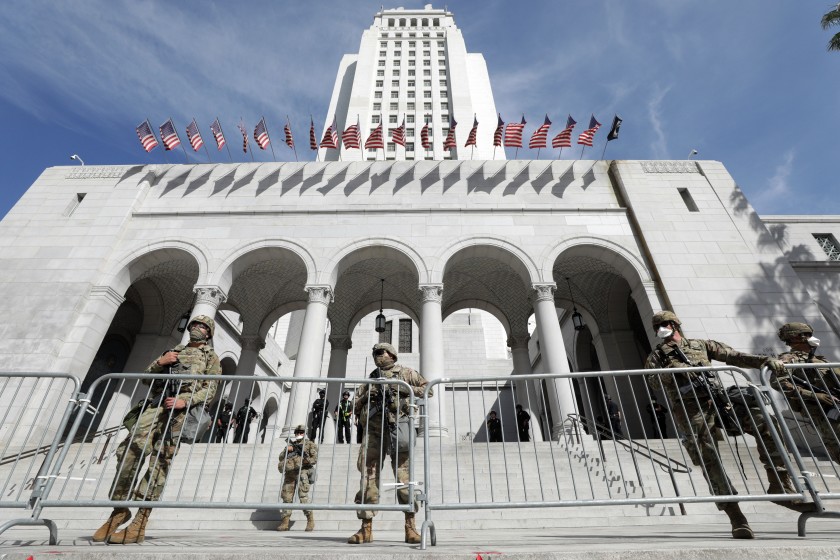 California National Guard troops at City Hall in downtown Los Angeles in June, 2020. (Myung J. Chun / Los Angeles Times)