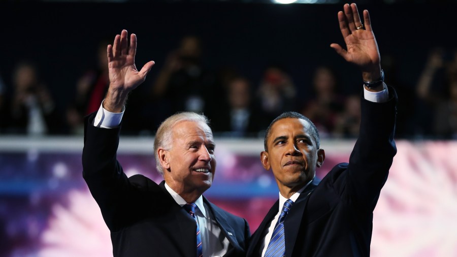 President Barack Obama, right, and Vice President Joe Biden wave after accepting the nomination during the final day of the Democratic National Convention on Sept. 6, 2012, in Charlotte, North Carolina. (Tom Pennington / Getty Images)