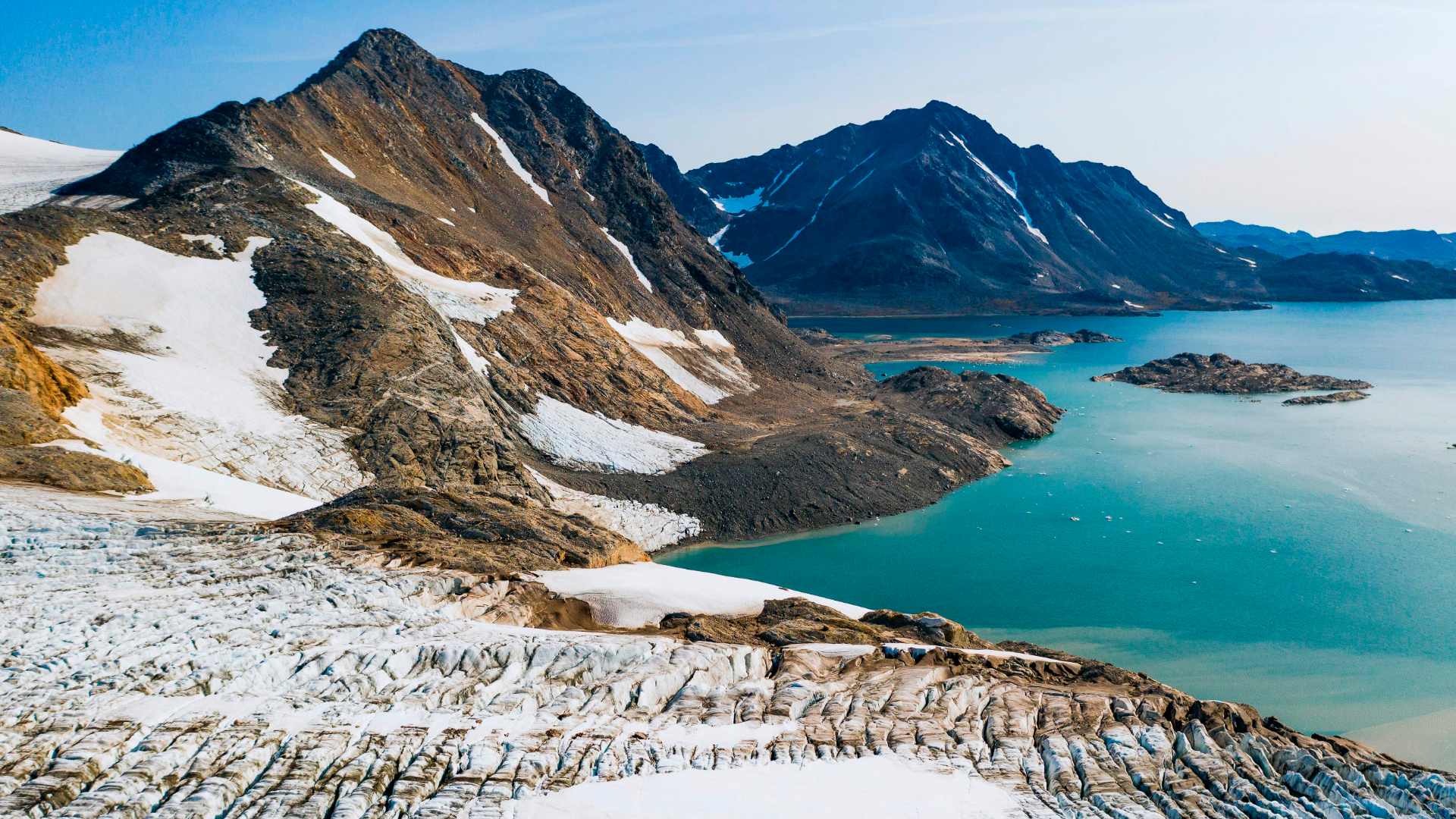 An aerial photo taken Aug. 17, 2019, shows a view of the Apusiajik glacier on the southeastern shore of Greenland. (Jonathan Nackstrand / AFP / Getty Images)