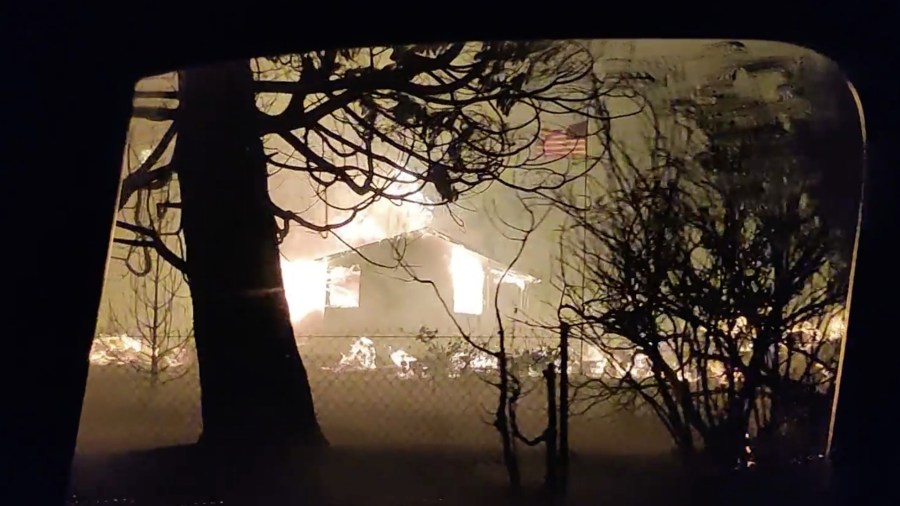 A home scorched in the Lake Fire in the Angeles National Forest is seen on Aug. 12, 2020. (KTLA)