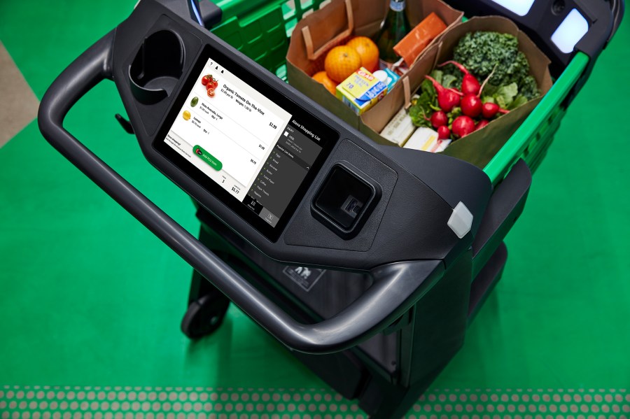 Amazon Dash Cart, a smart shopping cart that allows you to shop as you normally would and skip the check-out line. (Amazon via CNN)