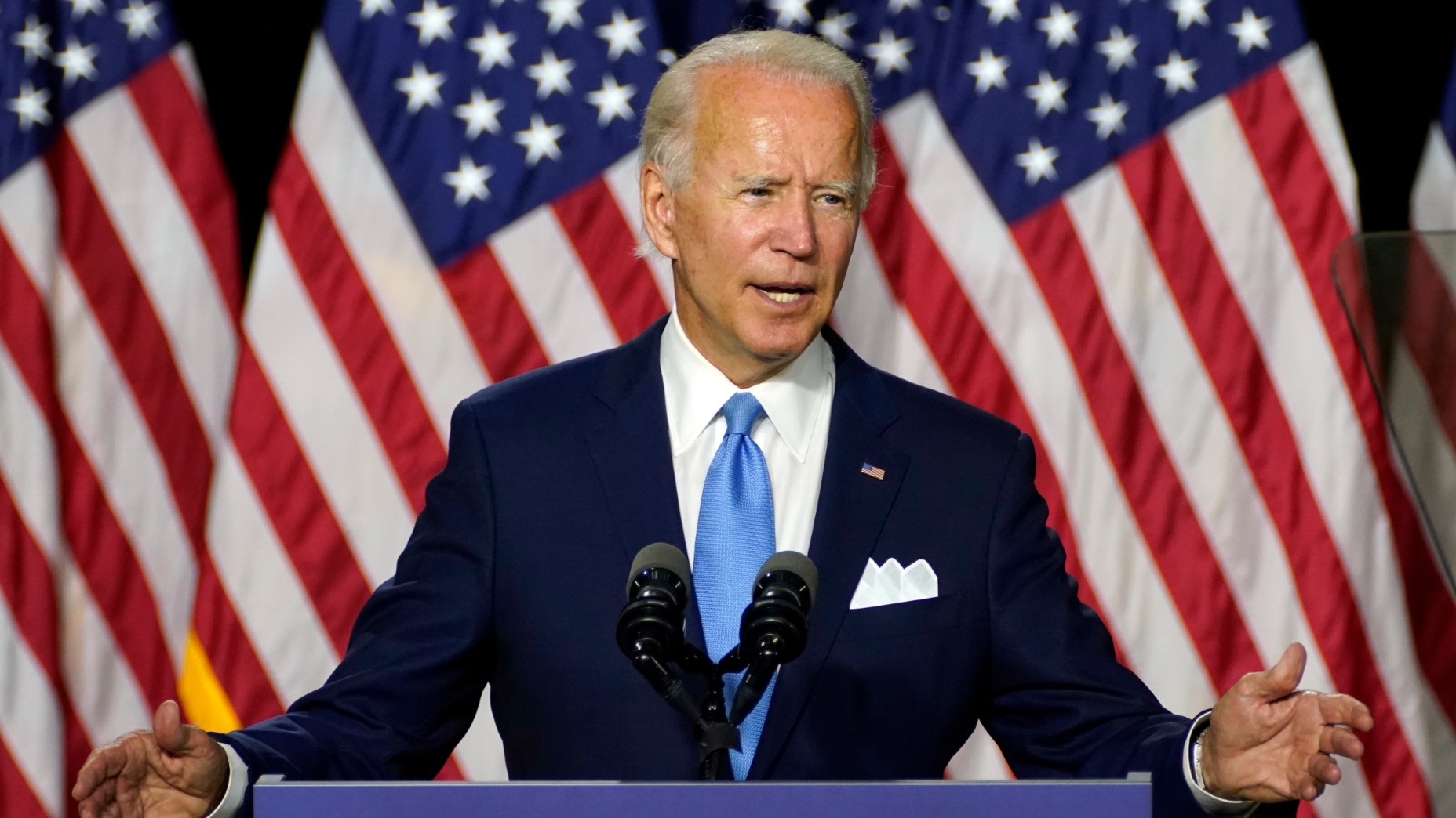 Democratic presidential candidate former Vice President Joe Biden speaks during a campaign event with his running mate Sen. Kamala Harris, D-Calif., at Alexis Dupont High School in Wilmington, Del., Wednesday, Aug. 12, 2020. (AP Photo/Carolyn Kaster)