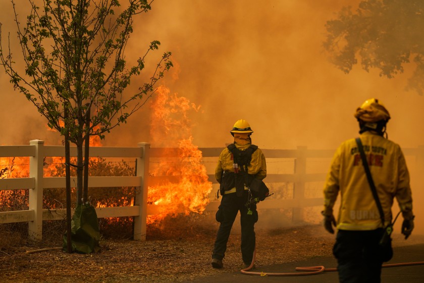 Firefighters battle blazes in the Hennessey fire on Wednesday in Vacaville.(Kent Nishimura / Los Angeles Times)