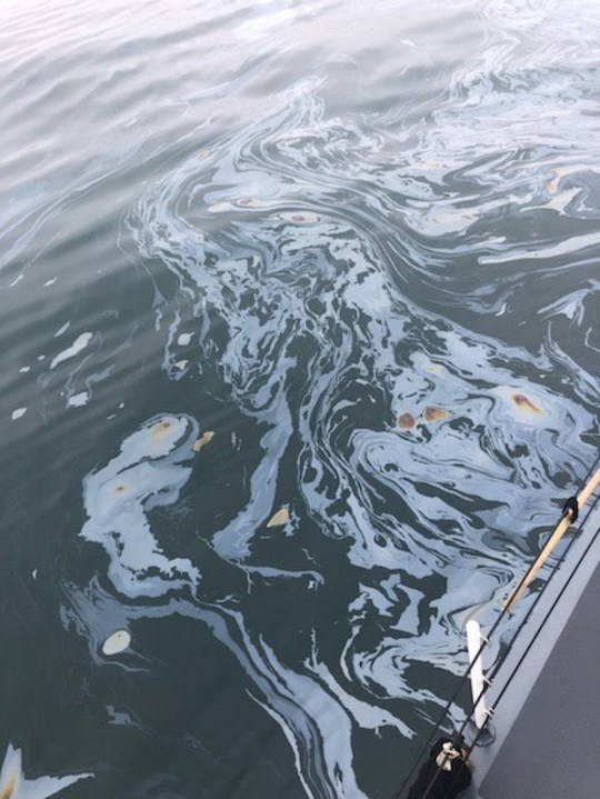 Suspected debris and a sheen from a downed aircraft found about two miles west of Santa Barbara on Sept. 27, 2020. (U.S. Coast Guard)