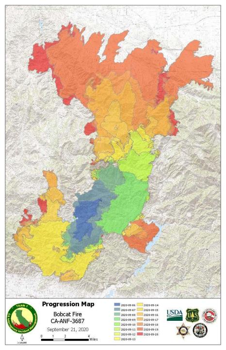 The daily progression of the Bobcat Fire is seen in a map released Sept. 22, 2020, by the U.S. Forest Service.