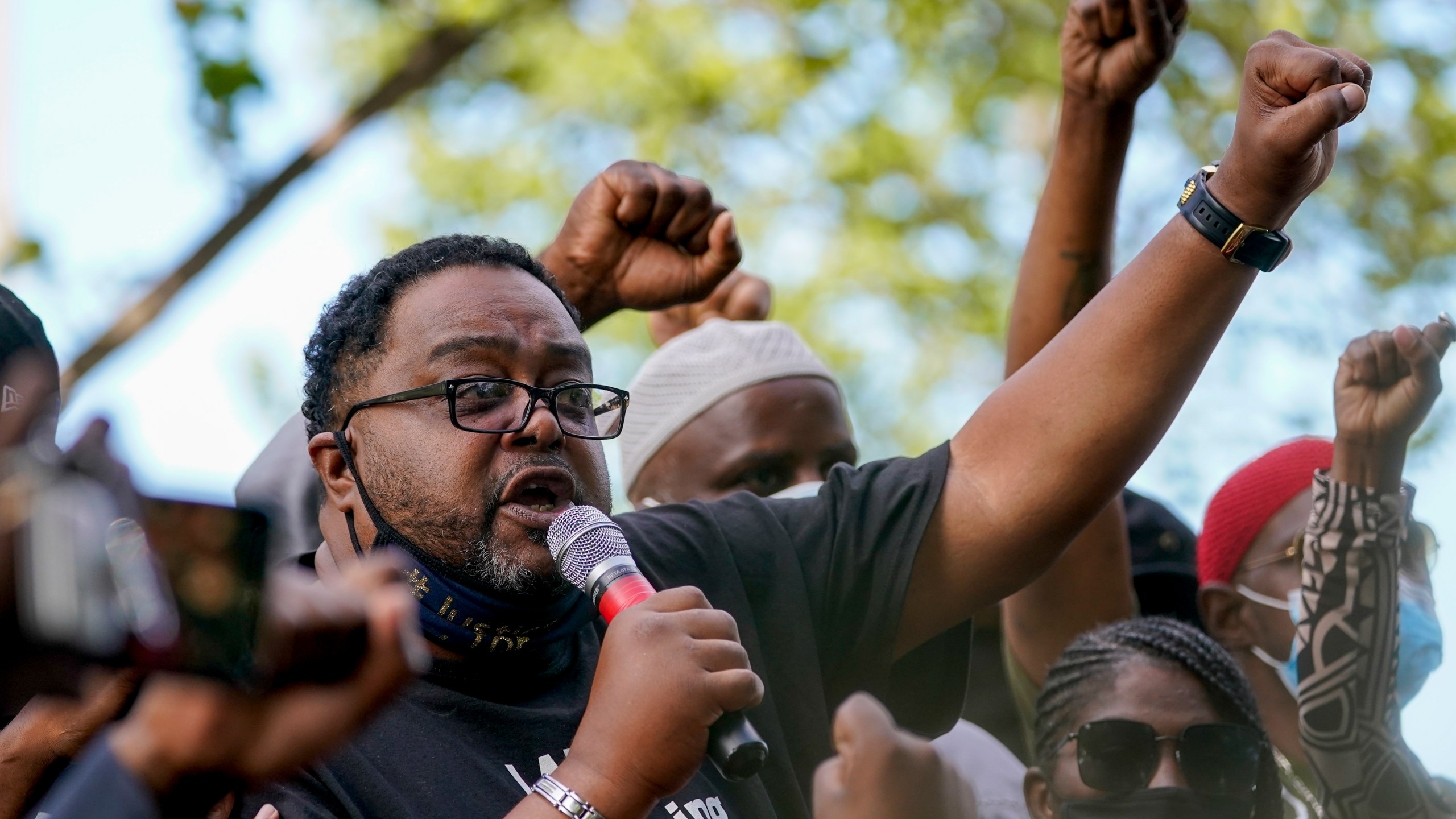 Jacob Blake's father, Jacob Blake Sr. talks to a crowd at a rally on Aug. 29, 2020, in Kenosha, Wis. (Morry Gash/Associated Press)