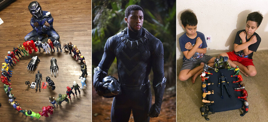 This combination photo shows, from left, Gavyn Batiste, 7, dressed as Black Panther and surrounded by action figures in Lafayette, La. on Aug. 31, 2020, actor Chadwick Boseman in character as T'Challa in "Black Panther" and 10-year old twins Lenny, left, and Bobby Homes paying tribute to Boseman at their home in in Mesa, Ariz. on Aug. 31, 2020. (Takiyah Dupas, Marvel Studios, Annalie Homes via AP)