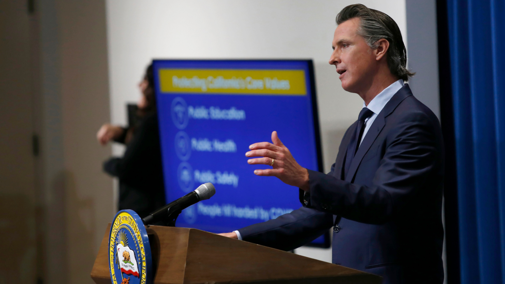 Gov. Gavin Newsom discusses his revised 2020-2021 state budget during a news conference in Sacramento on May 14, 2020. (AP Photo/Rich Pedroncelli, Pool)