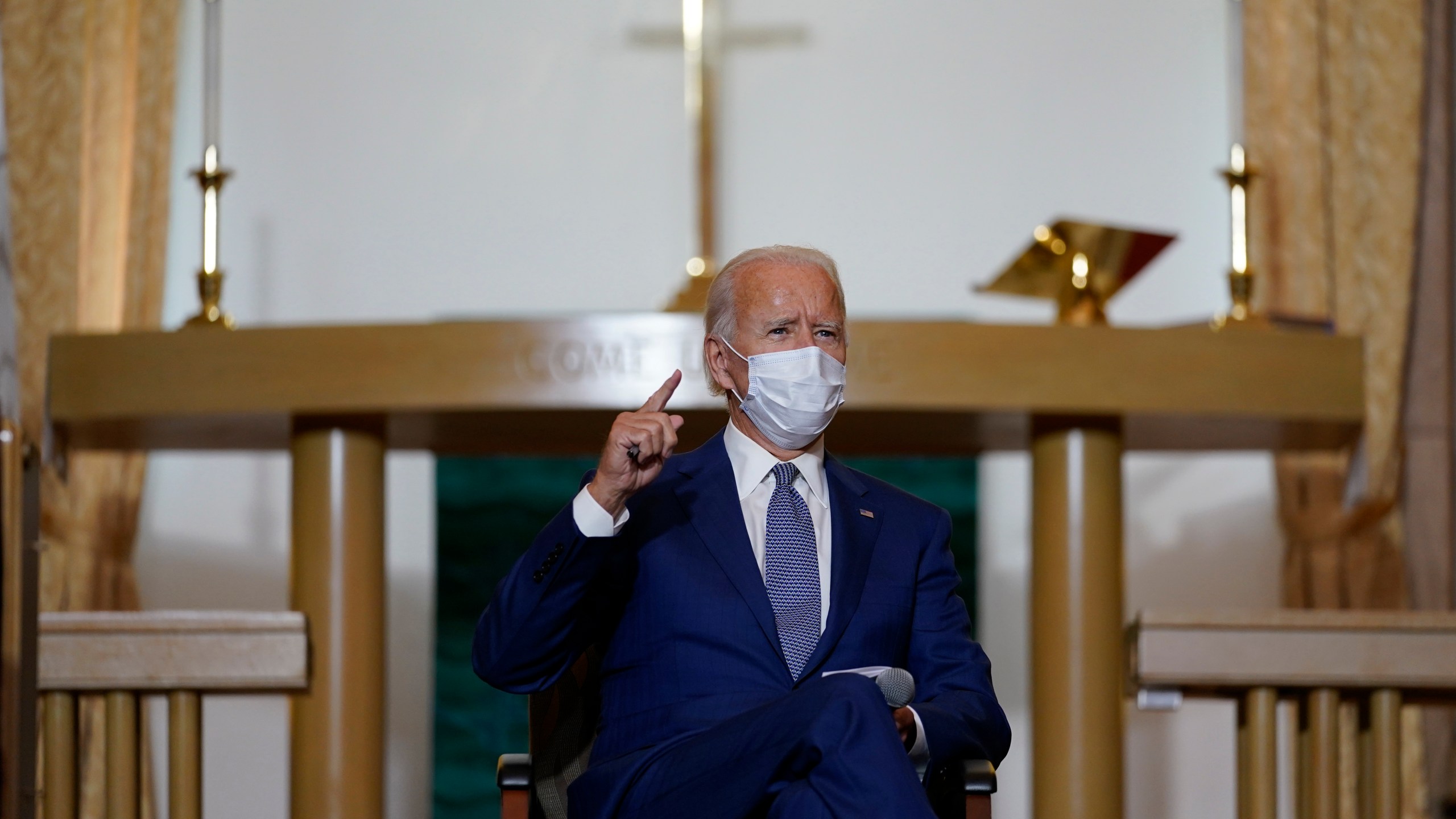 Democratic presidential candidate former Vice President Joe Biden meets with community members at Grace Lutheran Church in Kenosha, Wis., Thursday, Sept. 3, 2020. (AP Photo/Carolyn Kaster)