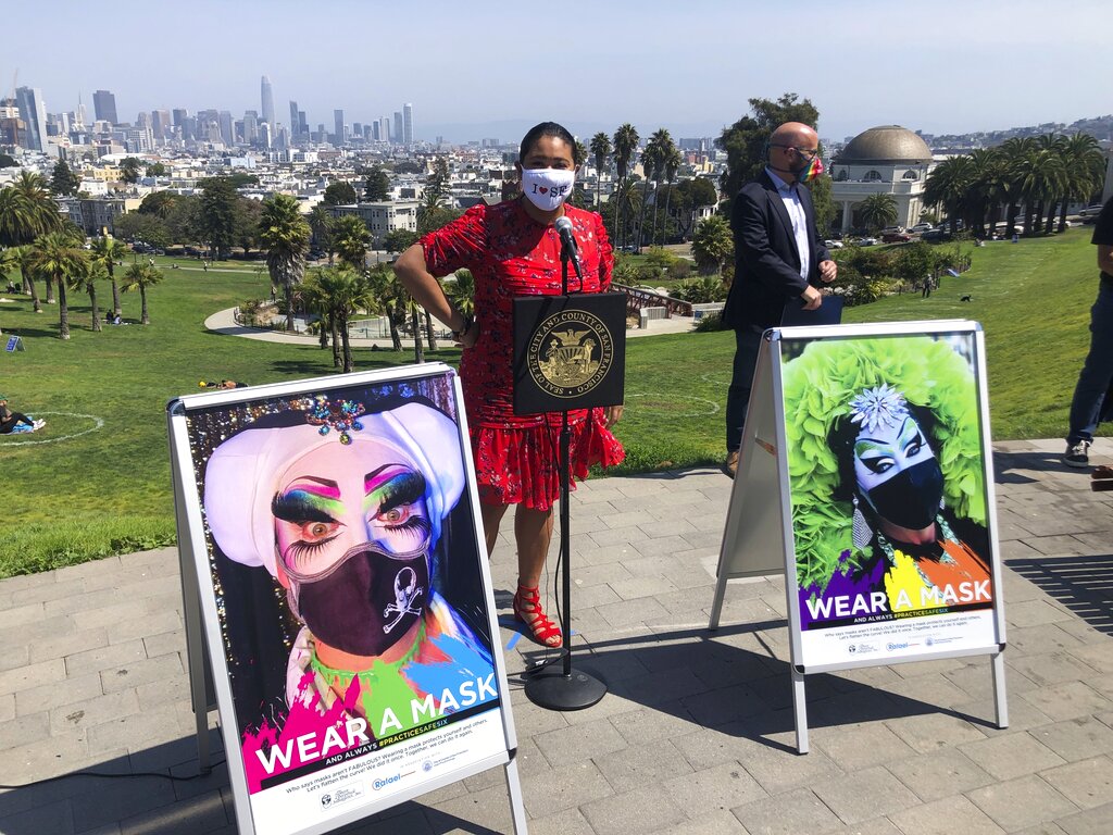 San Francisco Mayor London Breed speaks during a news conference Friday, Sept. 4, 2020, at the city's popular Dolores Park. (AP Photo/Haven Daley)