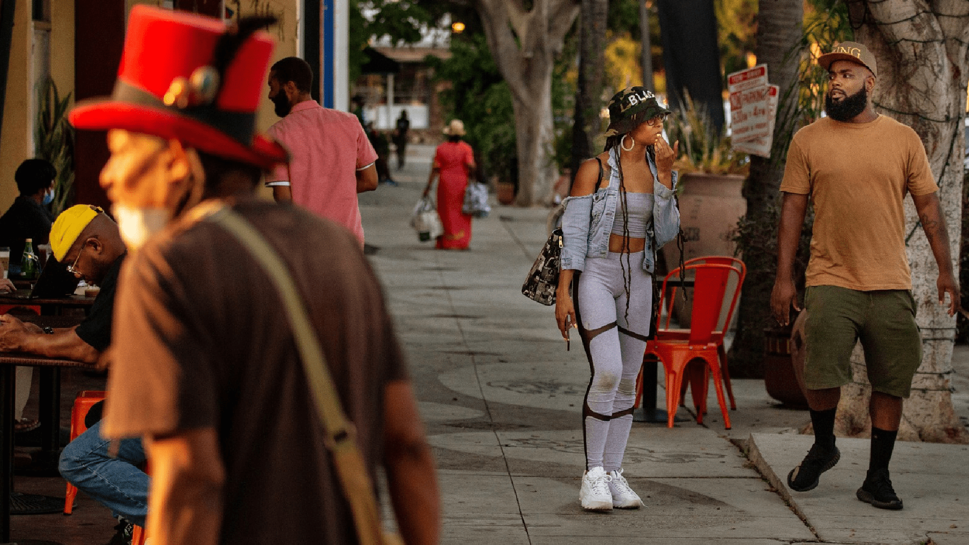 People enjoy an evening in Leimert Park - a neighborhood that is considered the cultural hub for Black culture.(Jason Armond / Los Angeles Times)