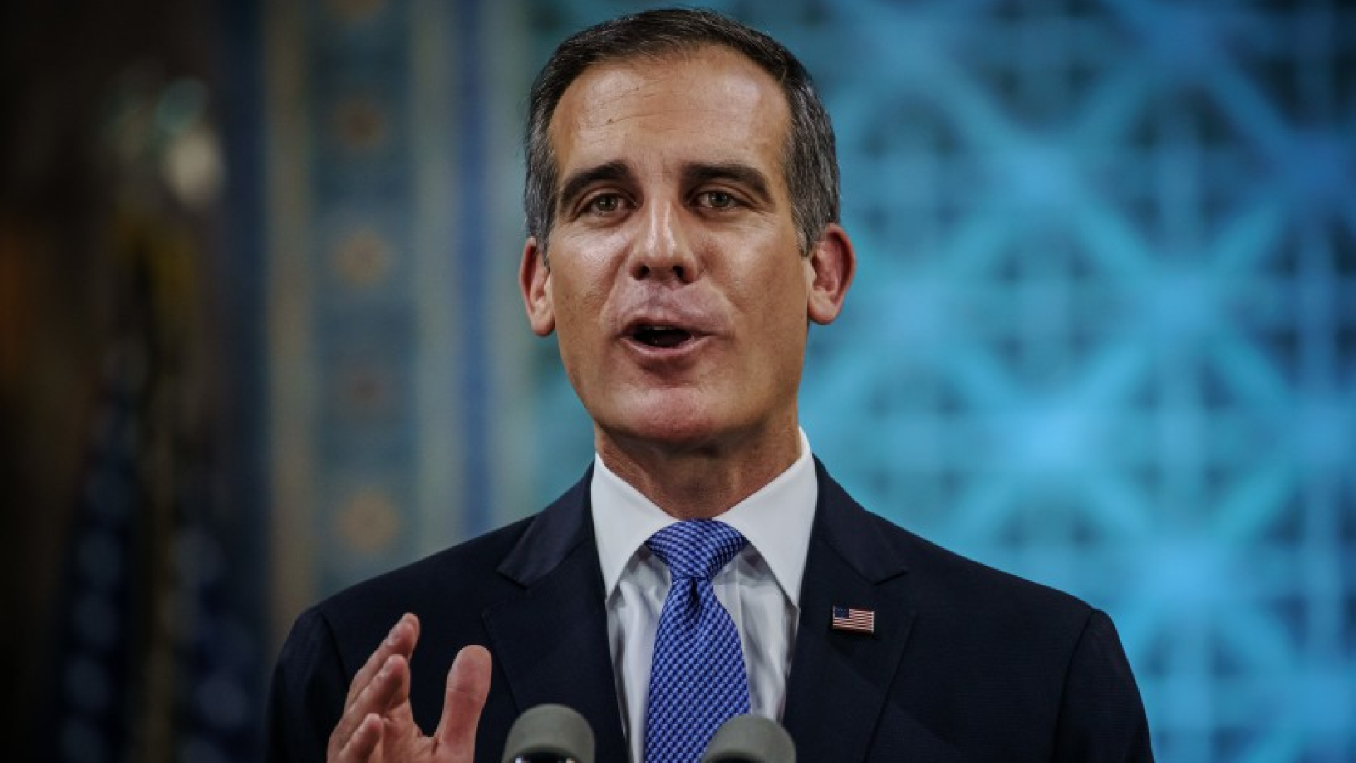 Mayor Eric Garcetti makes his annual State of the City address at L.A. City Hall on April 19.(Marcus Yam / Los Angeles Times)