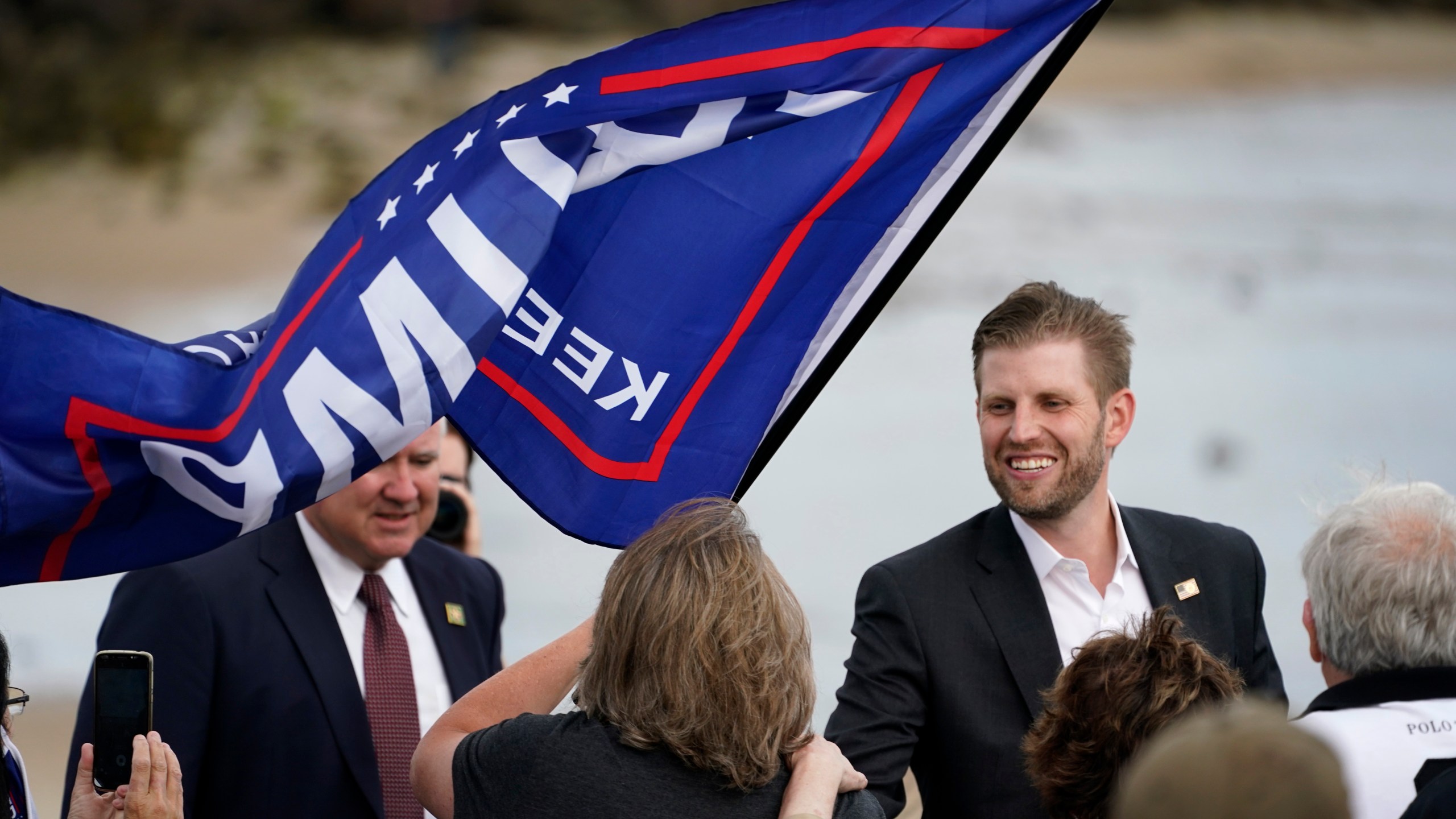 Eric Trump, the son of President Donald Trump, greets supporters at a campaign rally, Tuesday, Sept. 17, 2020, in Saco, Maine. (AP Photo/Robert F. Bukaty)