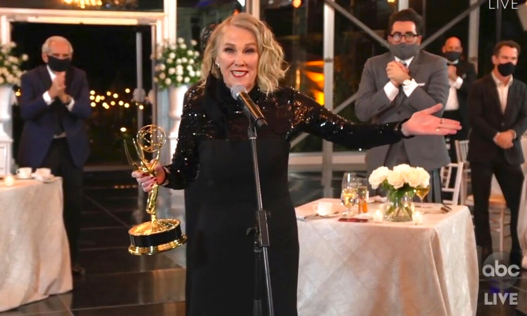 In this video grab captured on Sept. 20, 2020, Catherine O'Hara accepts the award for outstanding lead actress in a comedy series for "Schitt's Creek" during the 72nd Emmy Awards broadcast. (The Television Academy and ABC Entertainment via AP)