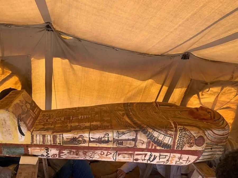 This September 2020 photo provided by the Ministry of Tourism and Antiquities shows one of more than two dozen ancient coffins unearthed near the famed Step Pyramid of Djoser in Saqqara, south of Cairo, Egypt. (Ministry of Tourism and Antiquities via AP)