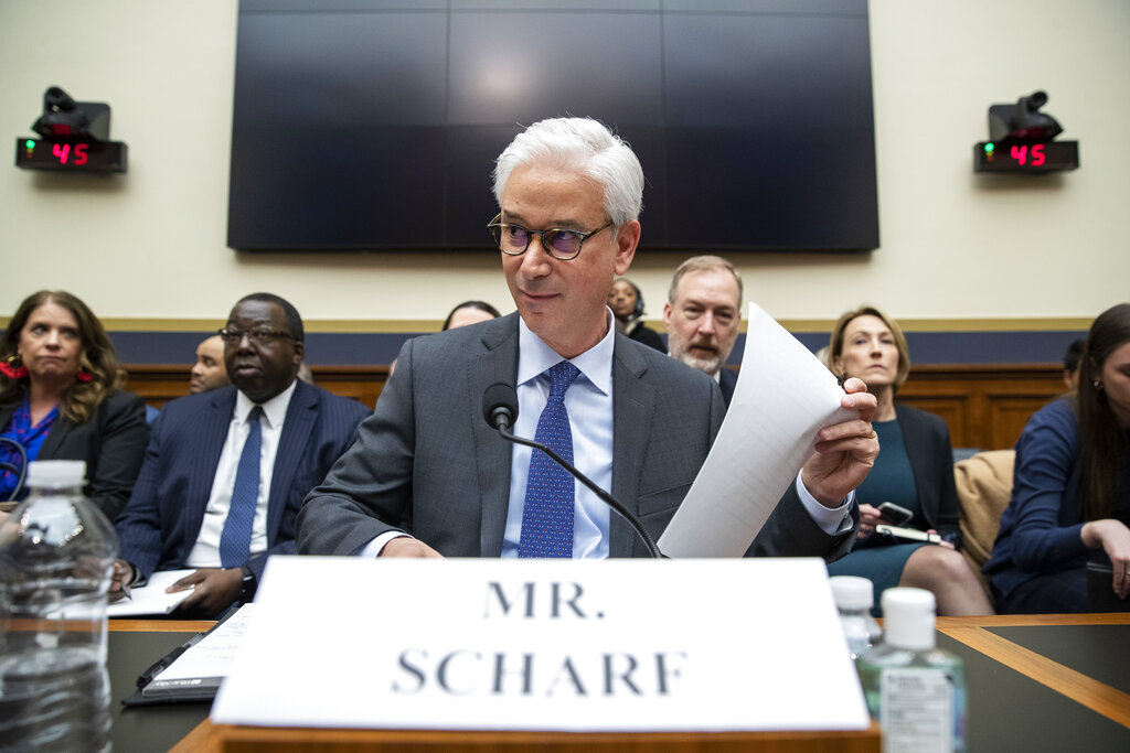 In this March 10, 2020 file photo, Wells Fargo CEO and President Charles Scharf is seated before he testifies during a hearing of the House Financial Services Committee, on Capitol Hill, in Washington. (AP Photo/Alex Brandon, File)