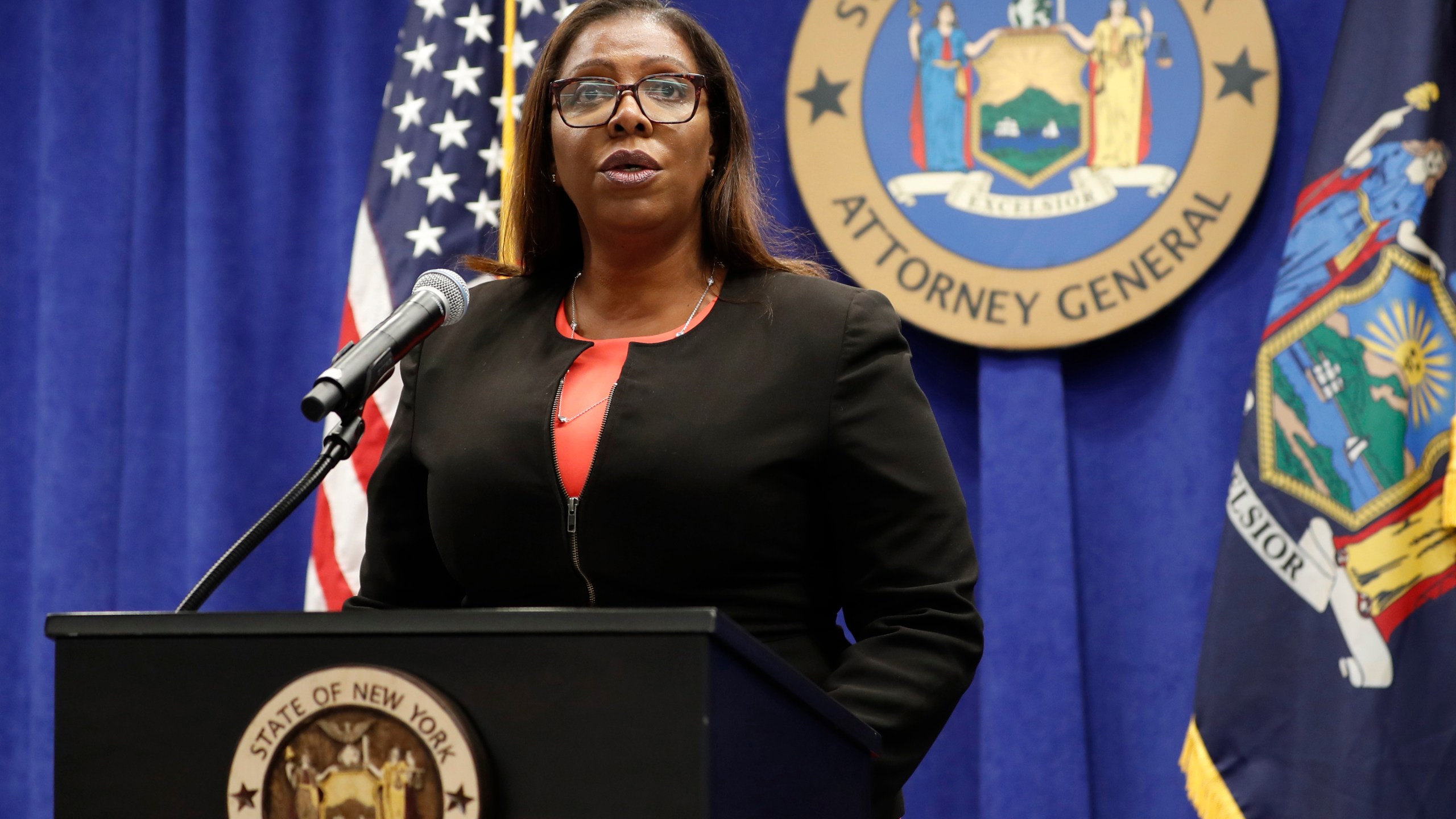 In this Aug. 6, 2020 file photo, New York State Attorney General Letitia James addresses the media during a news conference in New York. On Sept. 25, 2020, James recommended the New York Police Department get out of the business of routine traffic enforcement, a radical change that she said would prevent encounters like one the year before in the Bronx borough of New York that escalated quickly and ended with an officer fatally shooting a motorist. (AP Photo/Kathy Willens, File)