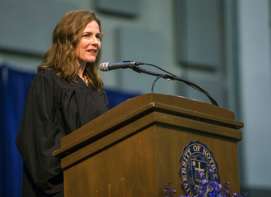 Amy Coney Barrett speaks during the University of Notre Dame's Law School commencement ceremony in 2018. (Robert Franklin /South Bend Tribune via AP, File)