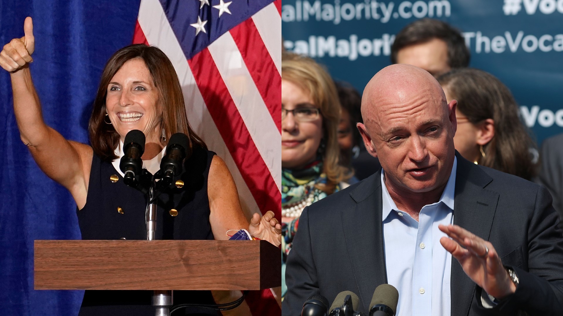 Left: Sen. Martha McSally, R-Ariz., speaks at a Veterans for Trump campaign rally, Friday, Sept. 18, 2020, in Litchfield Park, Ariz. (AP Photo/Matt York); Right: NASA astronaut Mark Kelly speaks at a 2016 Vocal Majority Tour on Oct. 17, 2016, in New York City. (Spencer Platt/Getty Images)