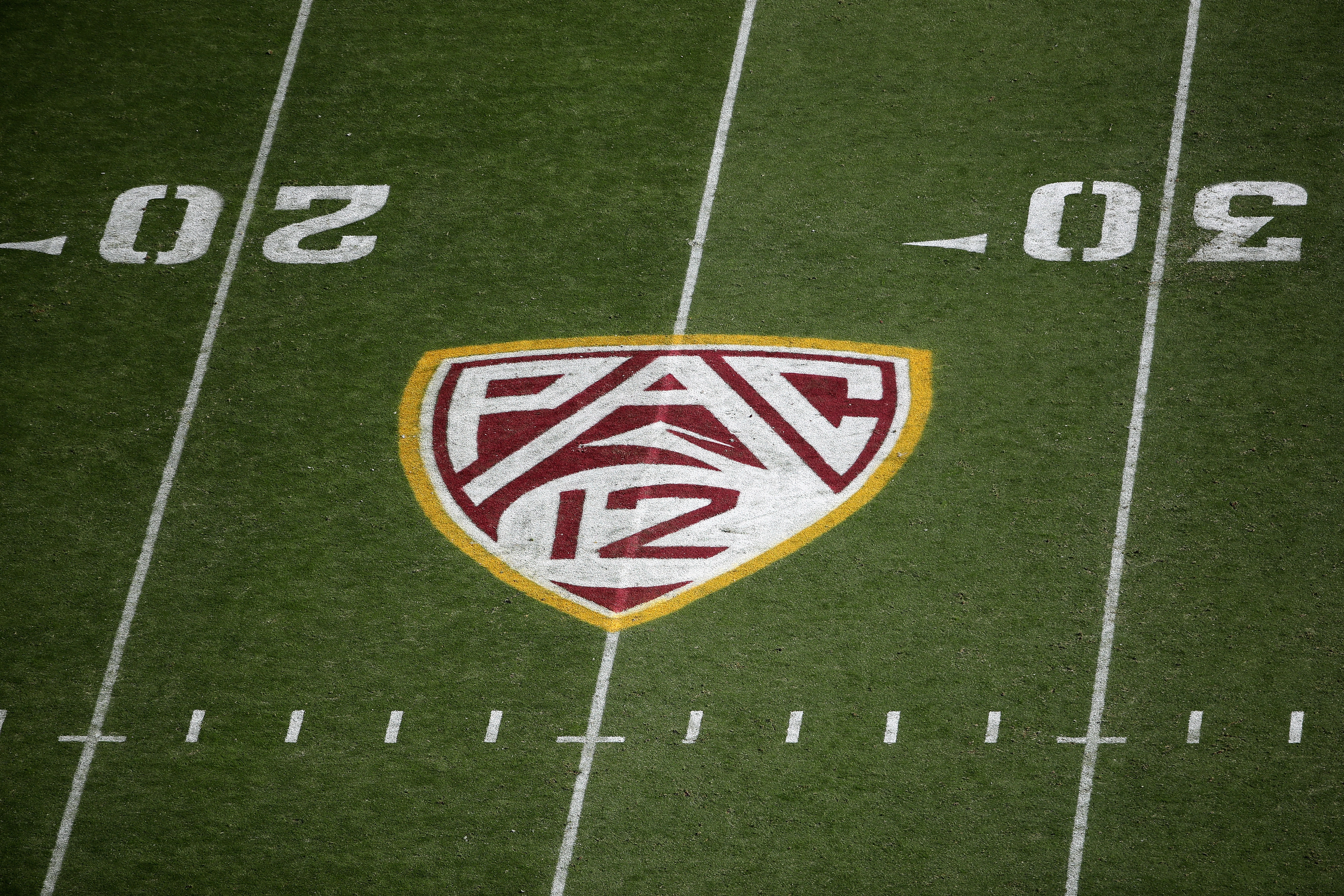 Pac-12 logo on the field during the NCAAF game at Sun Devil Stadium on November 09, 2019 in Tempe, Arizona. (Christian Petersen/Getty Images)