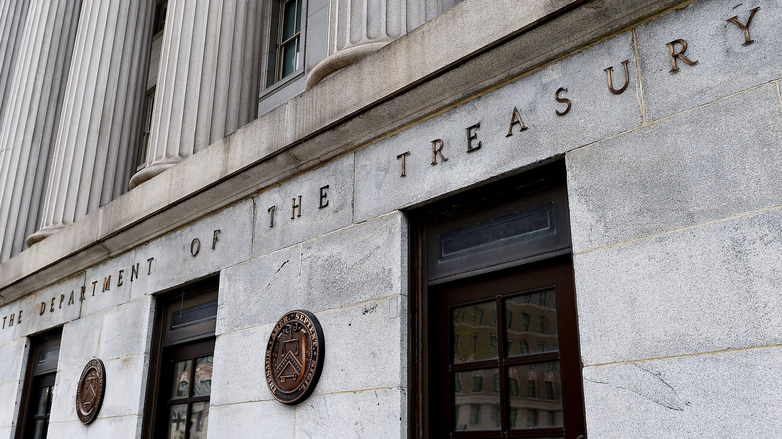 An exterior view of the building of the U.S. Department of the Treasury is seen on March 27, 2020 in Washington, D.C. (OLIVIER DOULIERY/AFP via Getty Images)