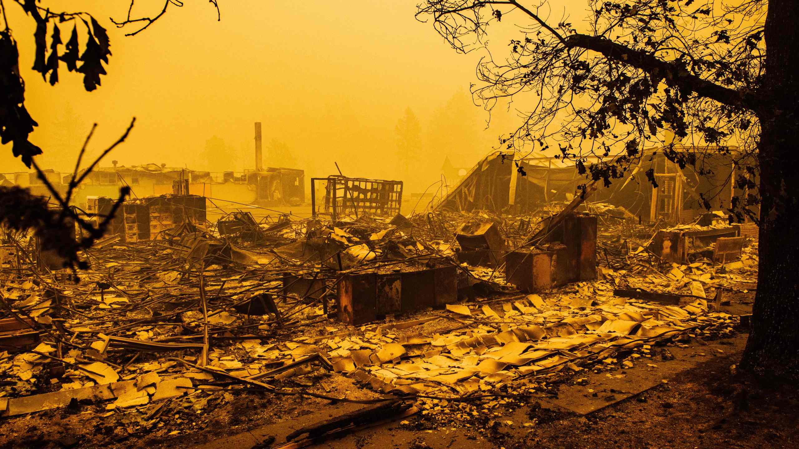 The charred remains of the Gates Elementary School, which was being used as a staging ground by firefighters, are seen after the passage of the Santiam Fire in Gates, Oregon, on Sept. 10, 2020. (Kathryn Elsesser / AFP / Getty Images)