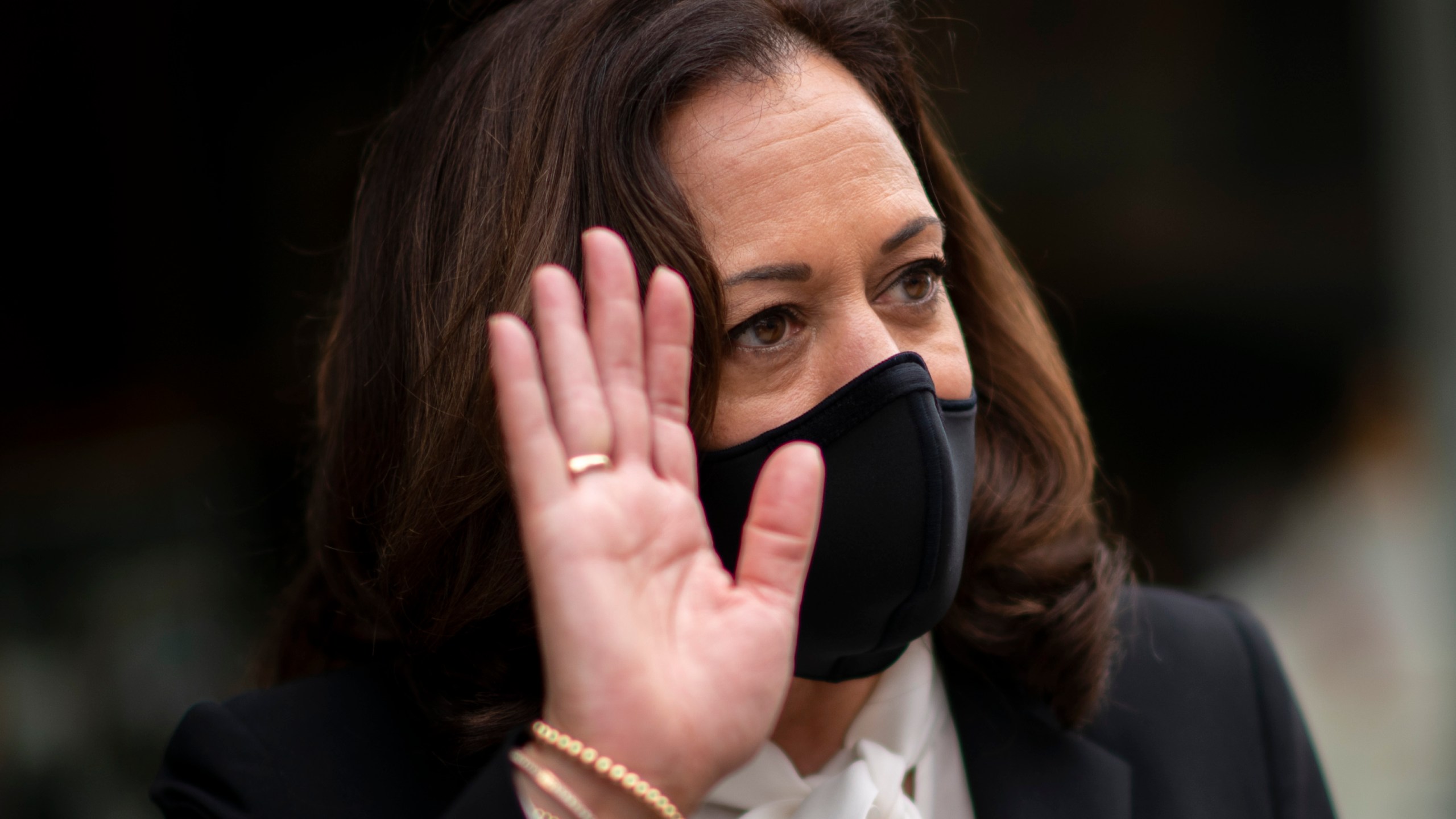 Sen. Kamala Harris speaks to the press before participating in a Latino roundtable event on Sept. 17, 2020, in Philadelphia. (Mark Makela/Getty Images)