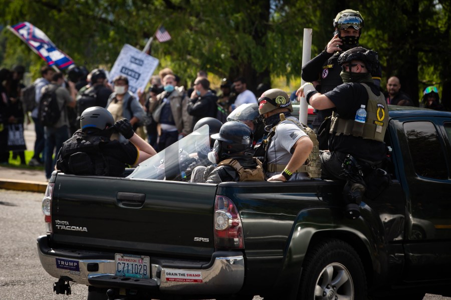 Members of the Proud Boys and other similar groups attend a rally at Delta Park in Portland, Oregon, on Sept. 26, 2020. (MARANIE R. STAAB/AFP via Getty Images)