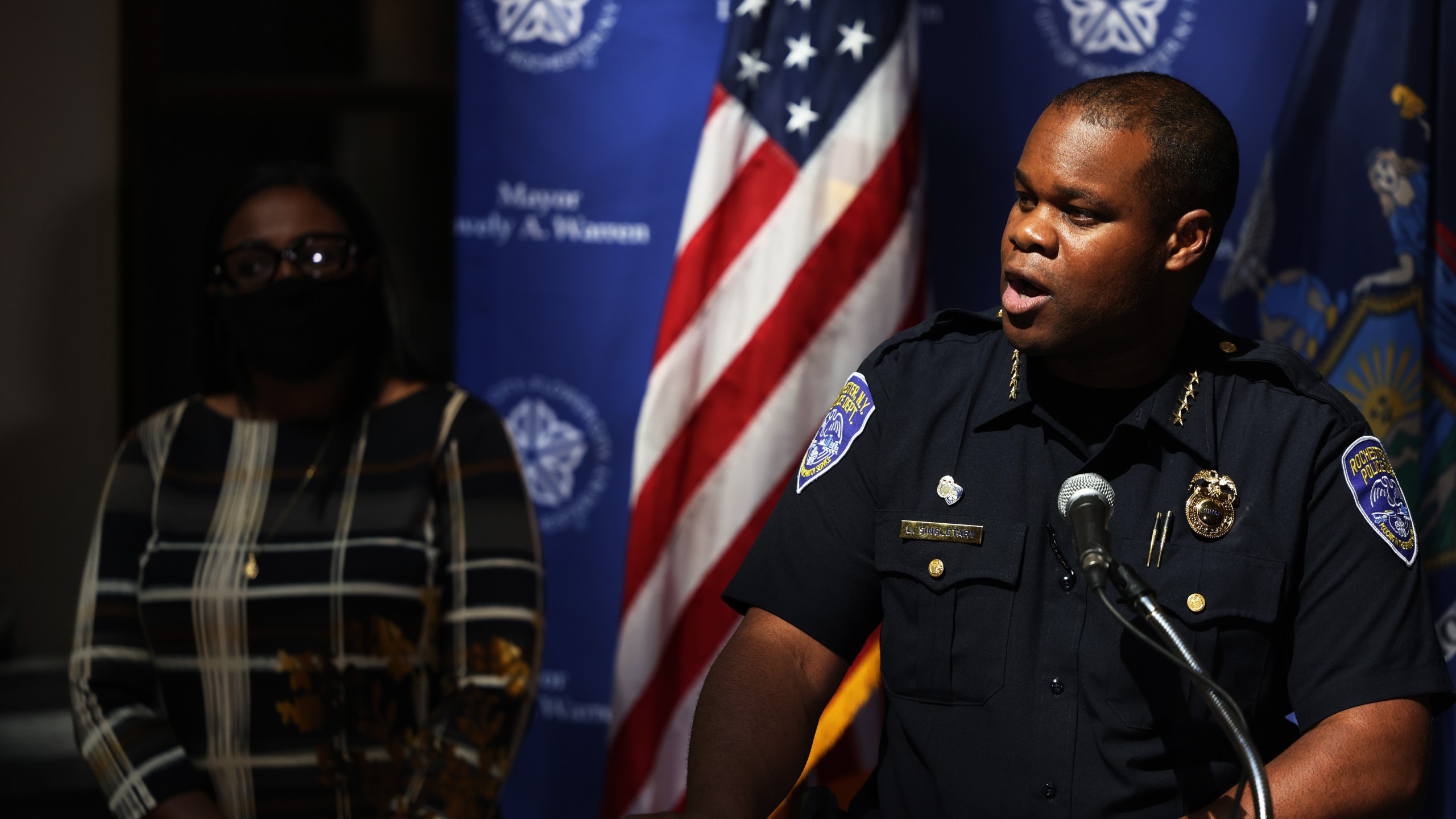 Police Chief La'Ron Singletary addresses members of the media during a press conference related to the ongoing protest in the city on Sept. 6, 2020 in Rochester, New York. (Michael M. Santiago/Getty Images)