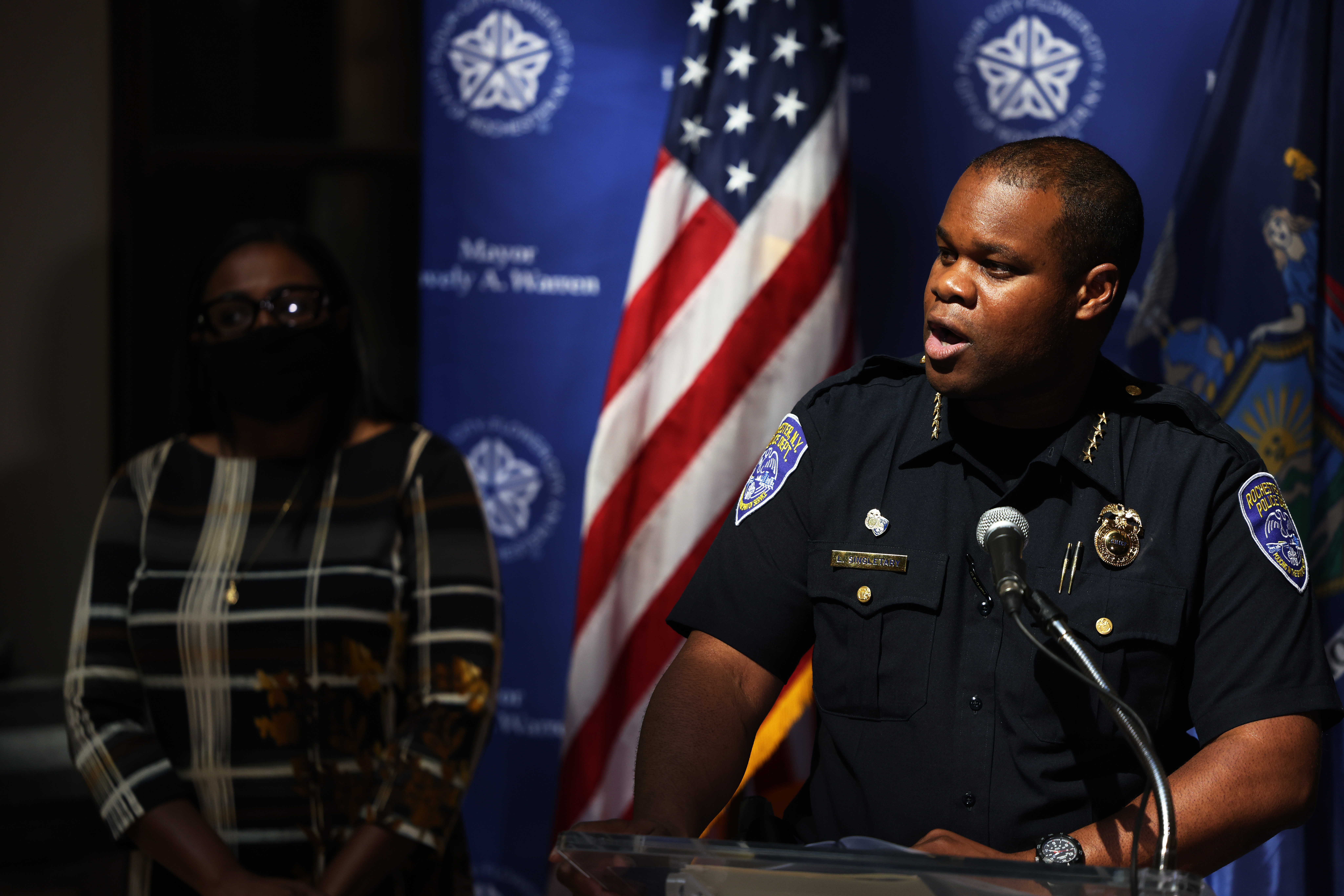 Police Chief La'Ron Singletary addresses members of the media during a press conference related to the ongoing protest in the city on Sept. 6, 2020 in Rochester, New York. (Michael M. Santiago/Getty Images)