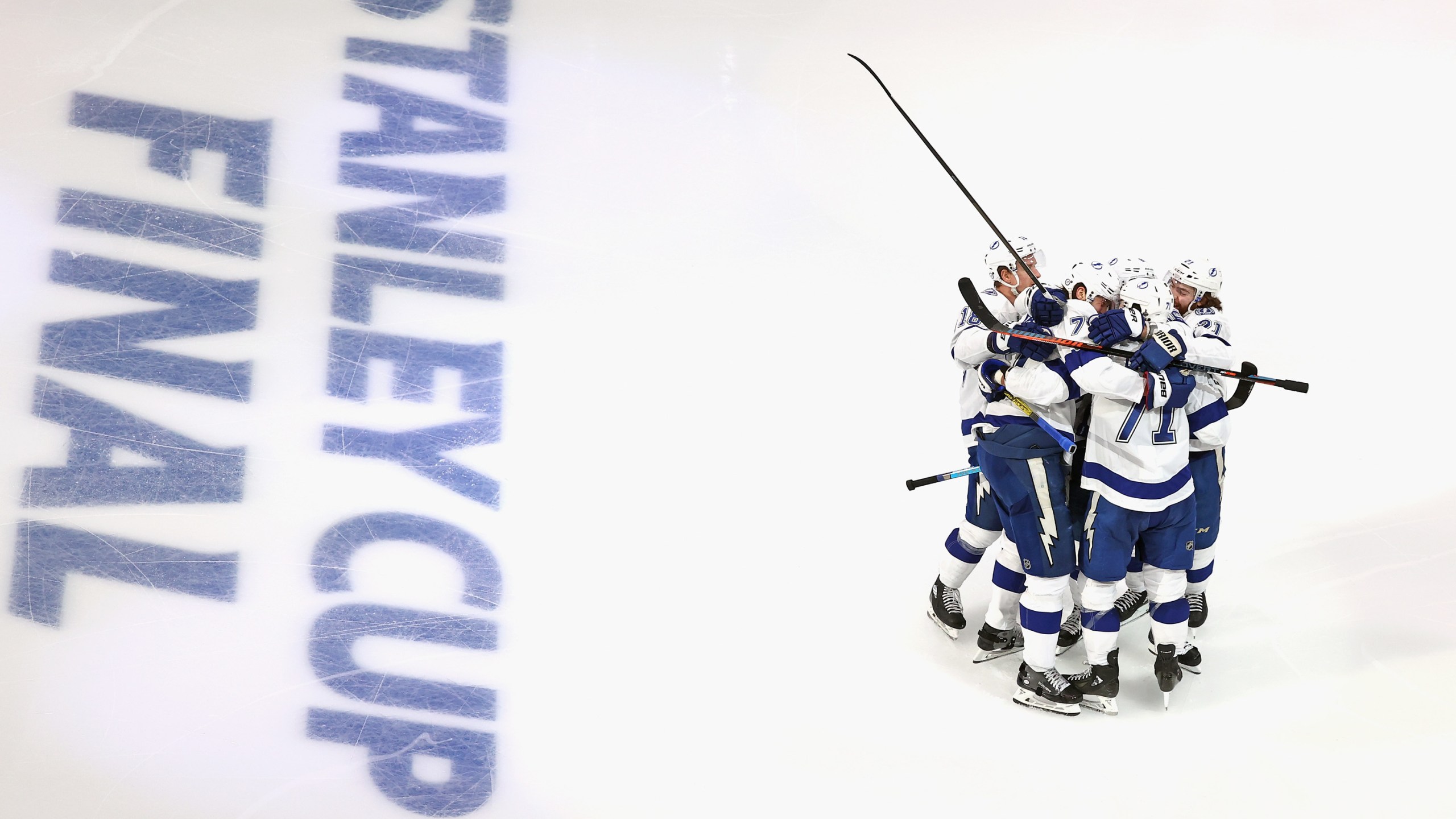 The Tampa Bay Lightning celebrate a goal against the Dallas Stars in Game Three of the 2020 NHL Stanley Cup Final at Rogers Place on September 23, 2020 in Edmonton, Alberta, Canada. (Bruce Bennett/Getty Images)