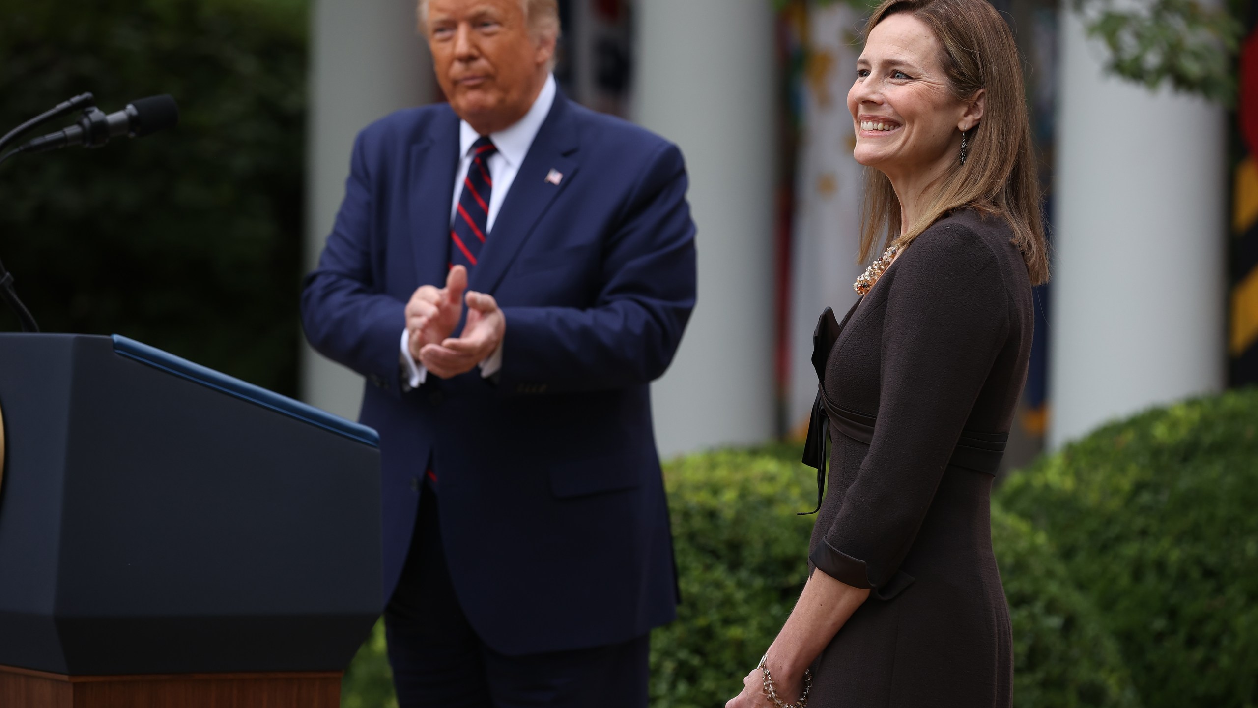 Seventh U.S. Circuit Court Judge Amy Coney Barrett smiles after U.S. President Donald Trump announced that she will be his nominee to the Supreme Court in the Rose Garden at the White House Sept. 26, 2020, in Washington, D.C. With 38 days until the election, Trump tapped Barrett to be his third Supreme Court nominee in just four years and to replace the late Associate Justice Ruth Bader Ginsburg, who will be buried at Arlington National Cemetery on Tuesday. (Chip Somodevilla/Getty Images)