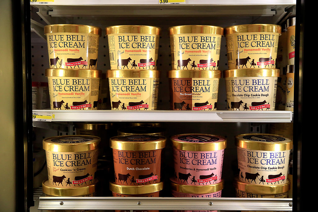 Blue Bell Ice Cream is seen on shelves of an Overland Park grocery store prior to being removed on April 21, 2015 in Overland Park, Kansas. (Jamie Squire/Getty Images)