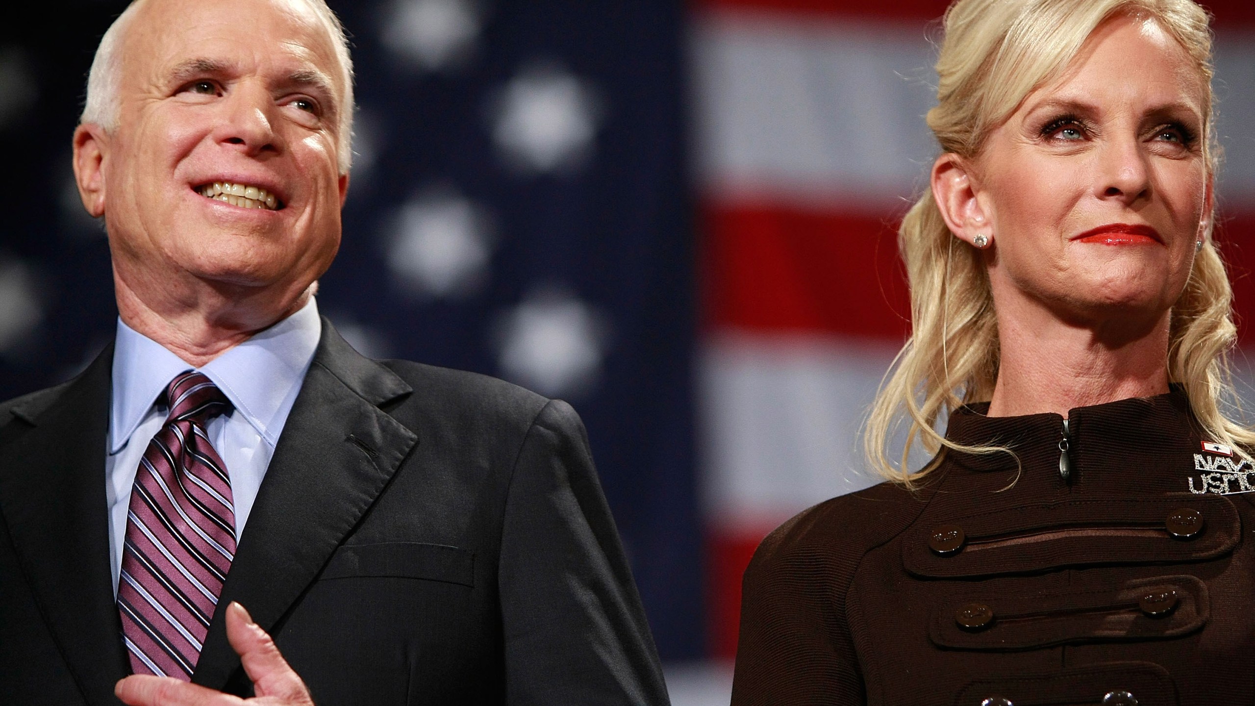 Then-Republican presidential nominee Sen. John McCain and his wife Cindy McCain attend a rally at the United Sports Training Center on Oct. 16, 2008, in Pennsylvania. (Chip Somodevilla/Getty Images)