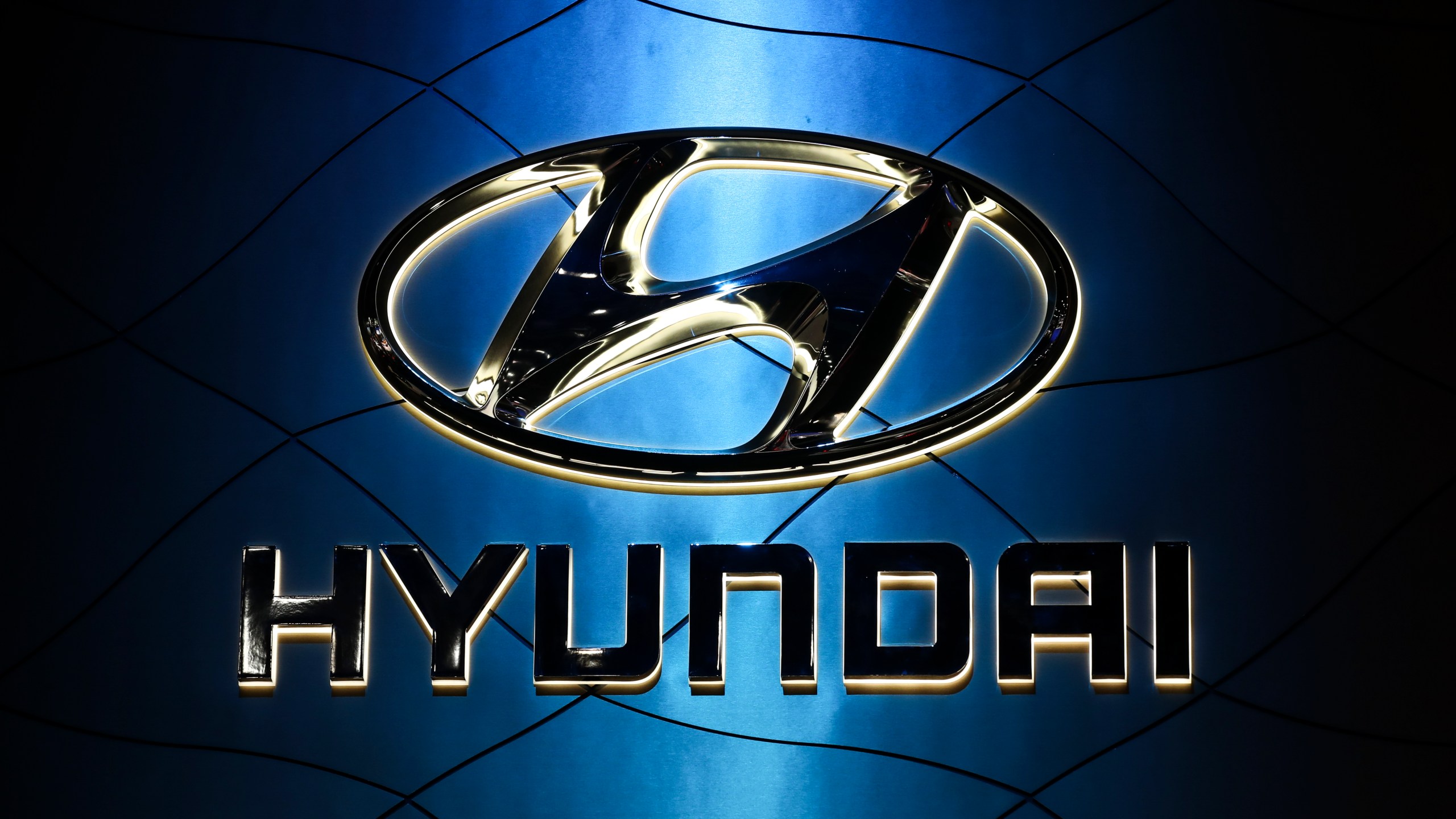 The Hyundai logo is displayed at the New York International Auto Show on March 28, 2018, at the Jacob K. Javits Convention Center in New York City. (Drew Angerer / Getty Images)