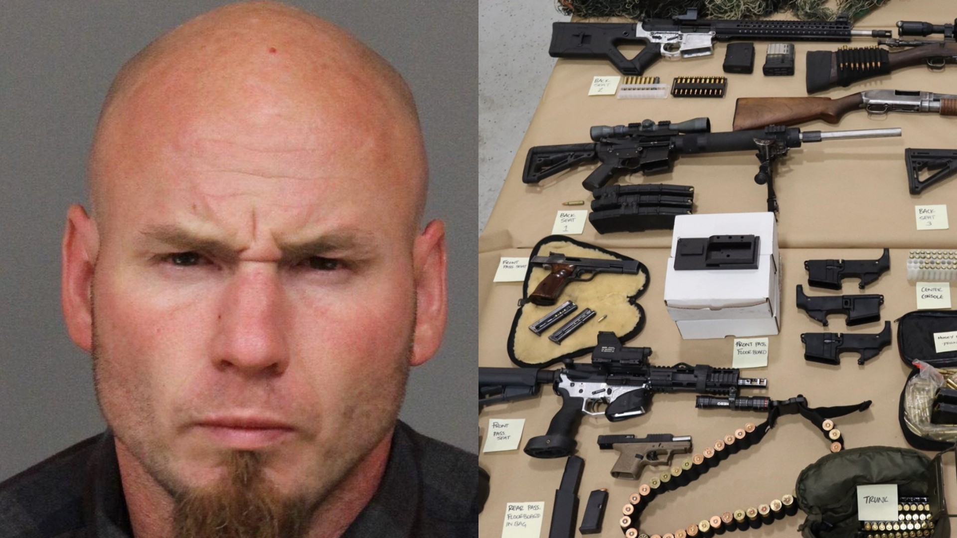 The San Luis Obispo County Sheriff's Office released a booking photo of the suspect, Christopher Michael Straub, along with photos of weapons from suspect's car.