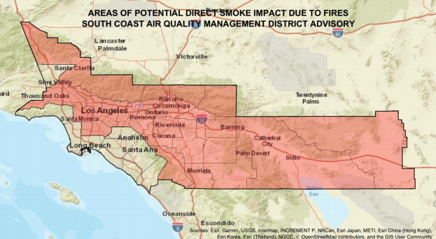 A photo shared by the South Coast Air Quality Management District on Sept. 11, 2020 shows areas directly impacted by smoke from two local fire.