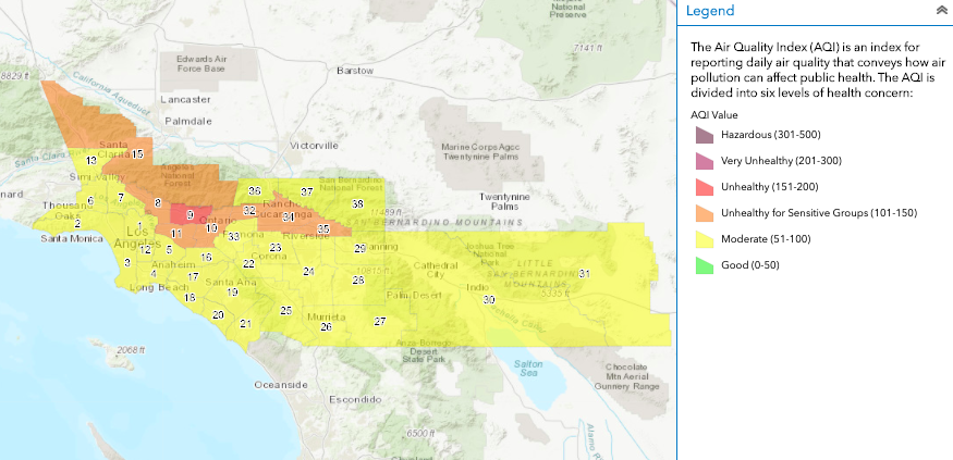 A map from the South Coast Air Quality Management District shows air quality forecast for Sept. 13, 2020. The air quality is expected to range from moderate to unhealthy for sensitive groups across Southern California.