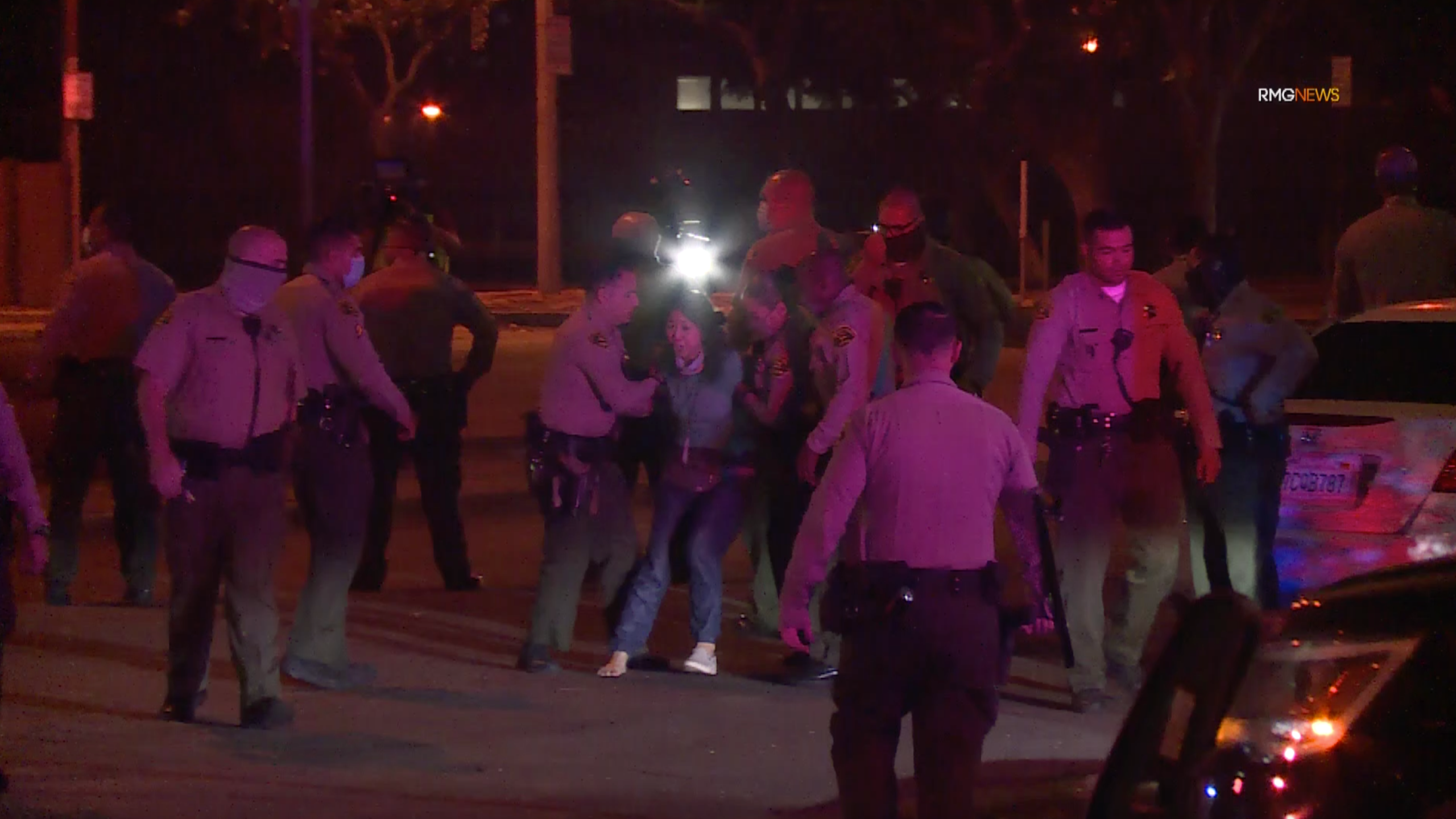 L.A. County deputies arrest radio reporter during protest outside St. Francis Medical Center in Lynwood on Sept. 12, 2020. (RMG News)