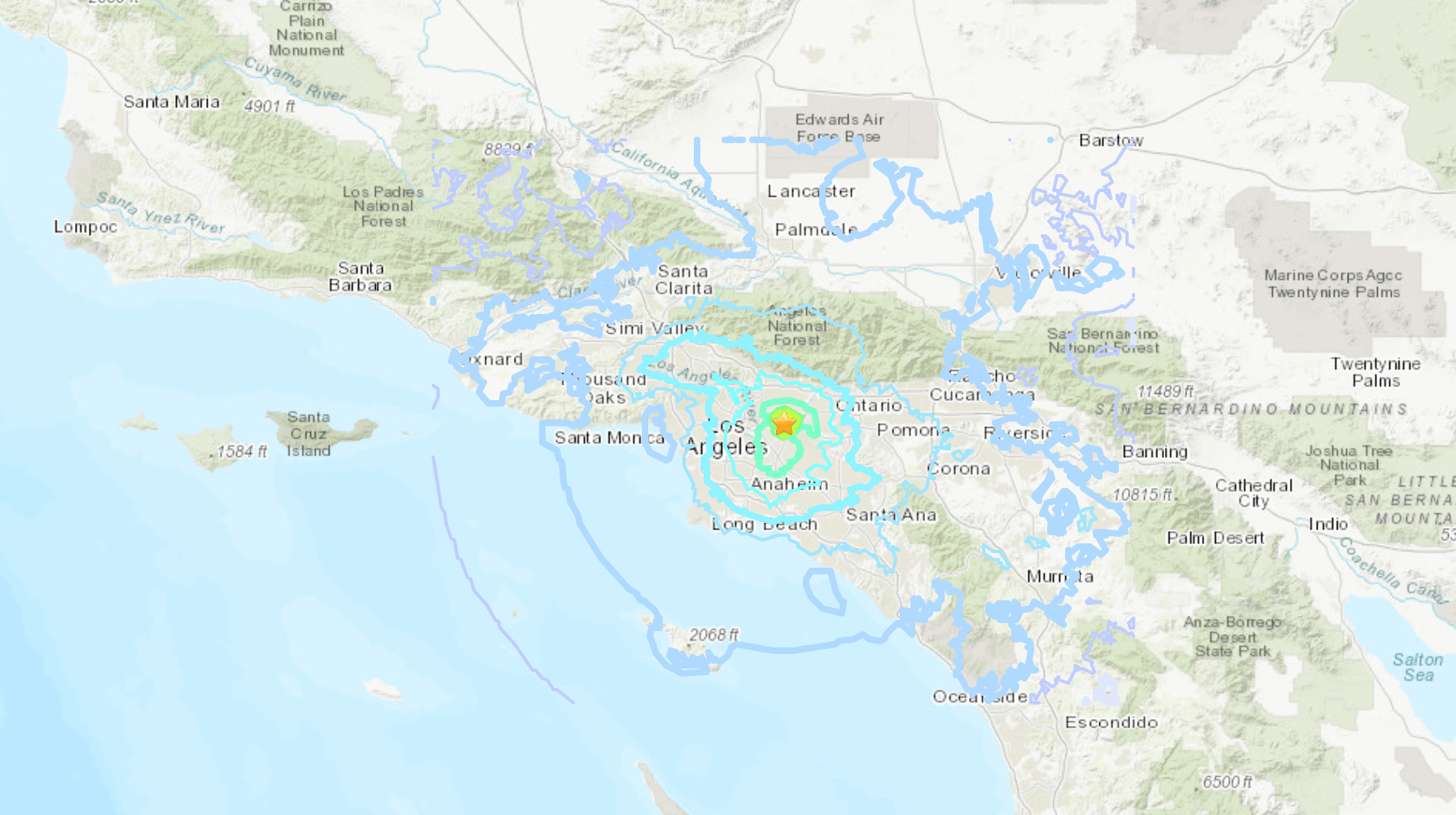 A USGS map shows the location of a magnitude 4.5 earthquake that struck about 2 miles south of Rosemead on the night of Sept. 18, 2020.