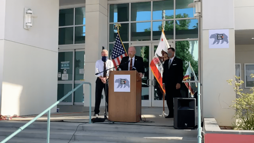 Riverside County Supervisor Jeff Hewitt speaks at a news conference in Riverside on Sept. 28, 2020 during which officials pushed for the reopening of the state during the pandemic. (Jeff Hewitt/Facebook)