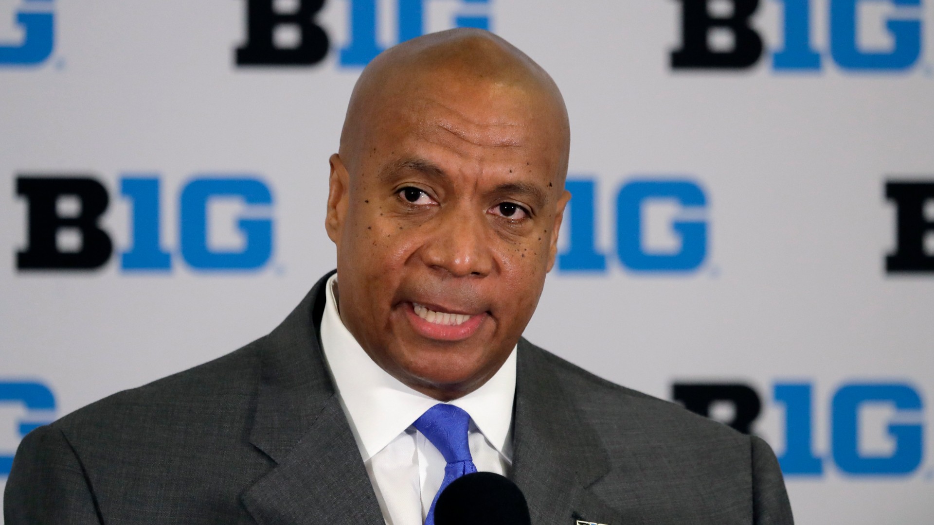 In this June 4, 2019, file photo, Kevin Warren talks to reporters after being named Big Ten Conference Commissioner during a news conference in Rosemont, Ill. (AP Photo/Charles Rex Arbogast, File)