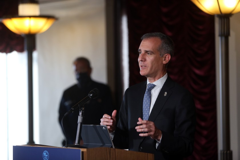 Los Angeles Mayor Eric Garcetti speaks during a news conference July 27, 2020.(Dania Maxwell / Los Angeles Times)