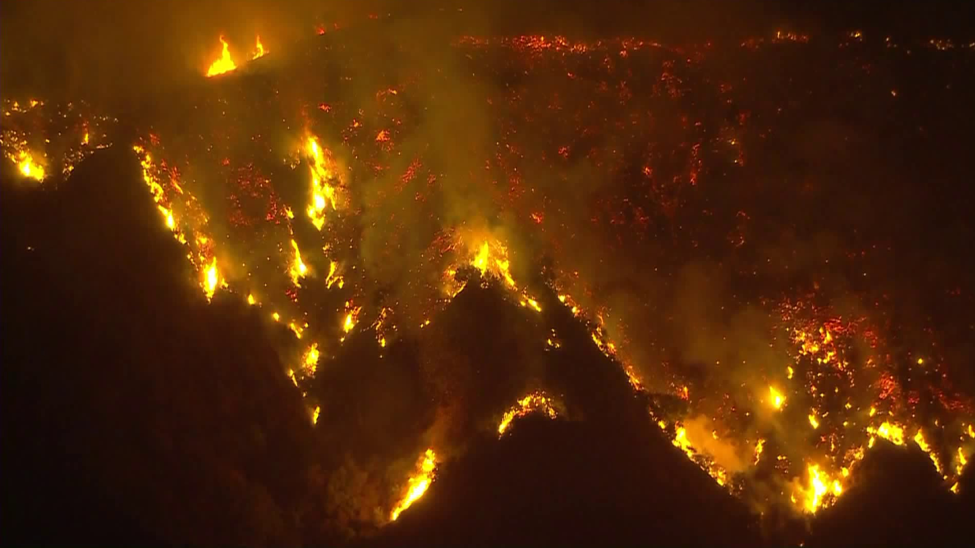 The Bobcat Fire burns intensely in above Monrovia in Angeles National Forest on Sept. 14, 2020. (KTLA)