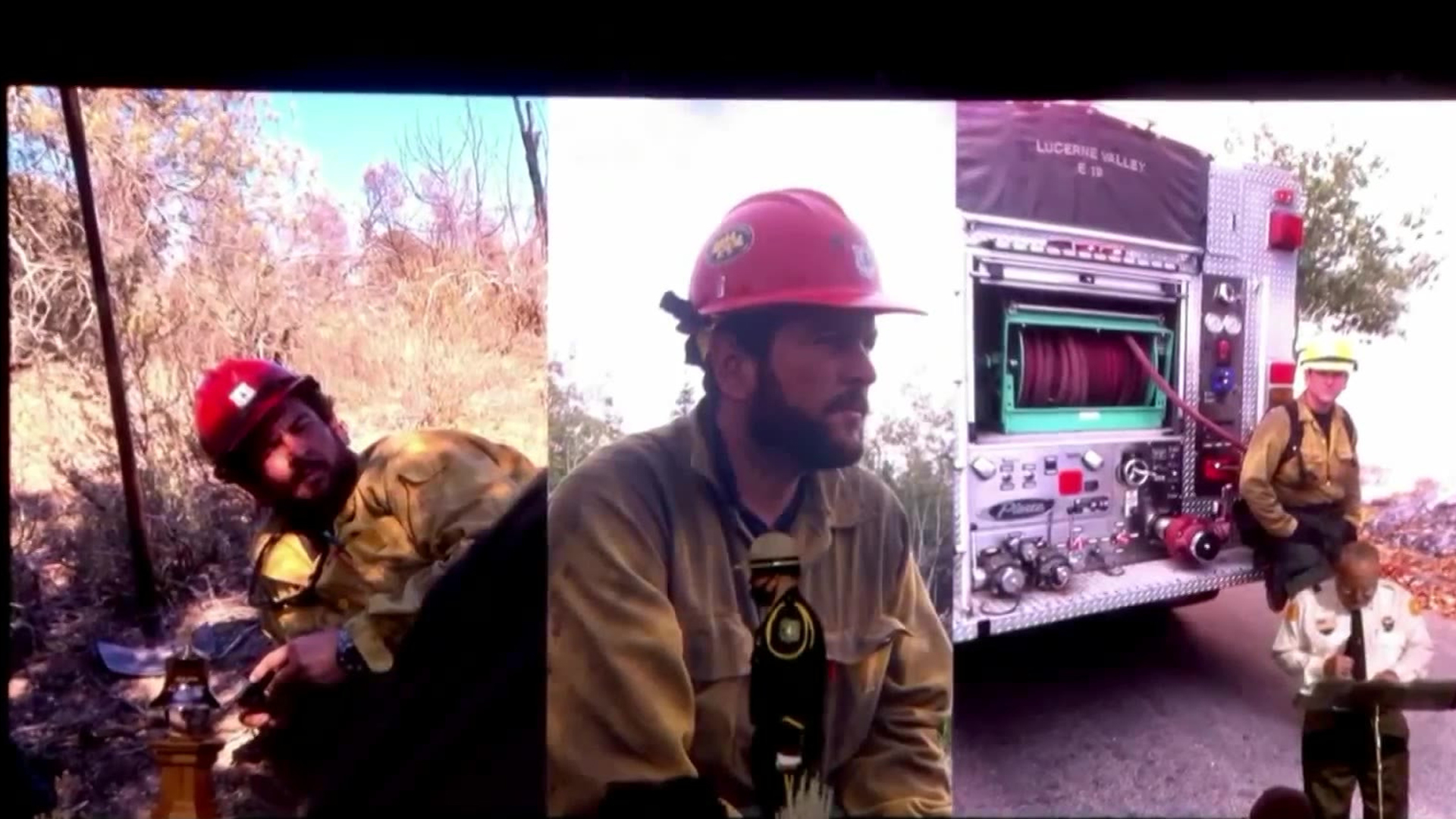 Photos of fallen firefighter Charles Morton are displayed during his memorial service in San Bernardino on Sept. 25, 2020.