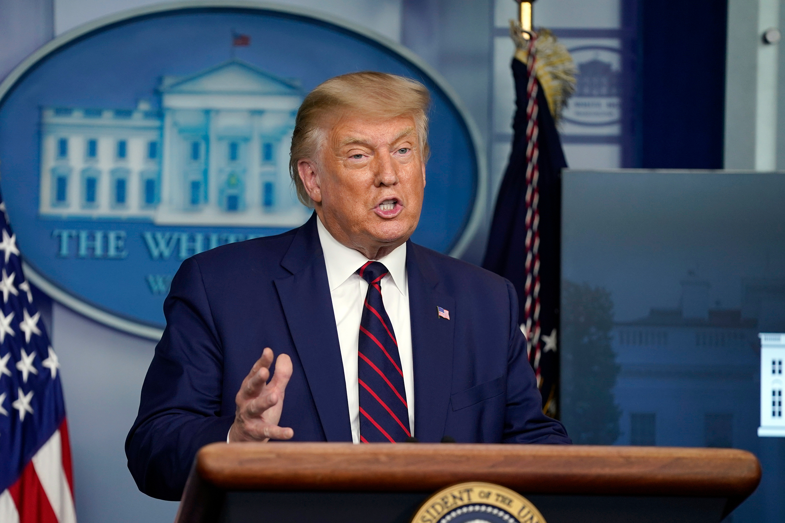 President Donald Trump speaks during a news conference in the James Brady Press Briefing Room at the White House, Friday, Sept. 4, 2020, in Washington. (AP Photo/Evan Vucci)