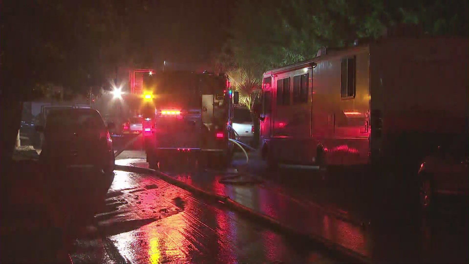 Firefighters respond to a deadly house fire 11538 Kismet Avenue in Lake View Terrace on Sept. 27, 2020. (KTLA)