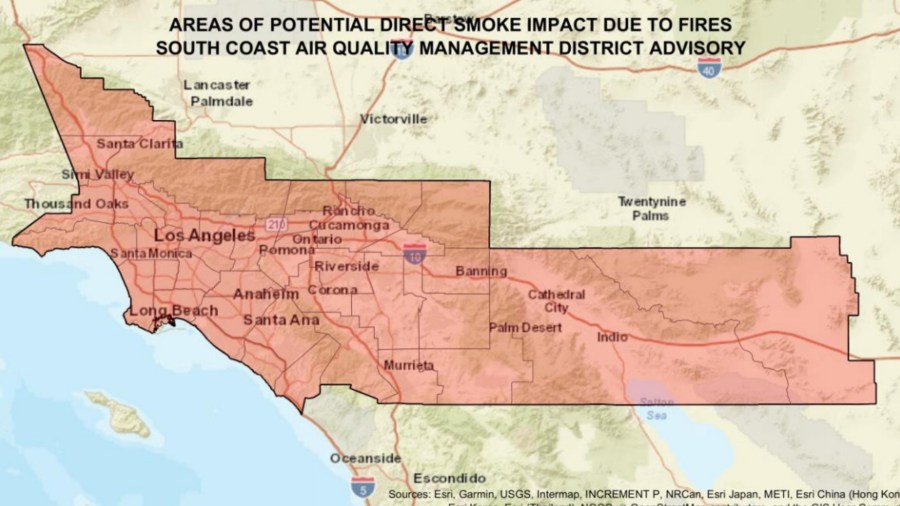 A map from AQMD shows the areas that could be affected by smoke and ash from the Bobcat and El Dorado fires on Sept. 10, 2020.