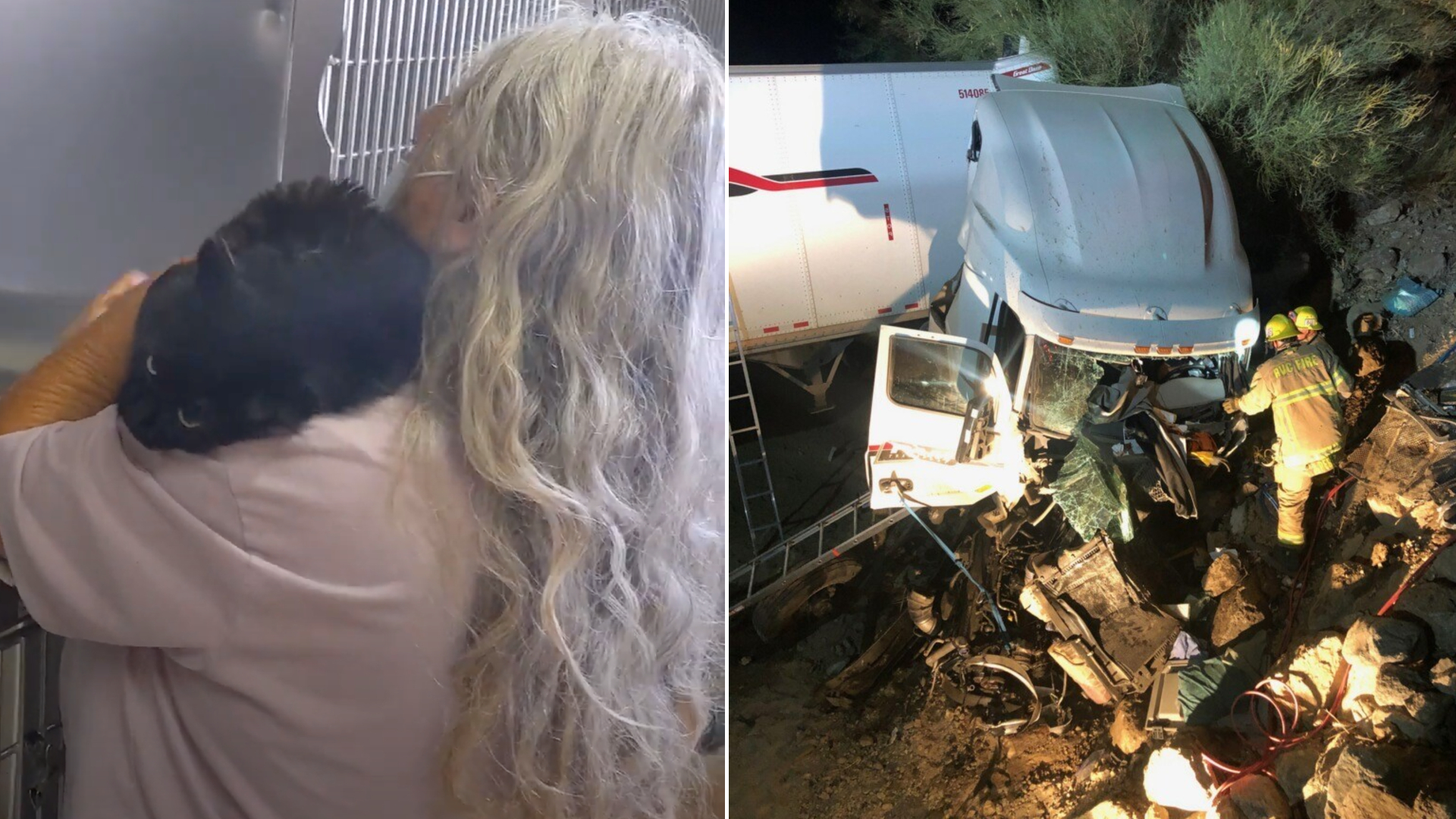 At left, Miss Kitty is cradled by Mary Taylor as the two are reunited at a Thousand Palms animal shelter on Sept. 1, 2020, in a still from video shared by the Riverside County Department of Animal Services. At right, the scene of the Aug. 20, 2020, crash in Banning is seen in a photo provided by Taylor's son, Josh Taylor.