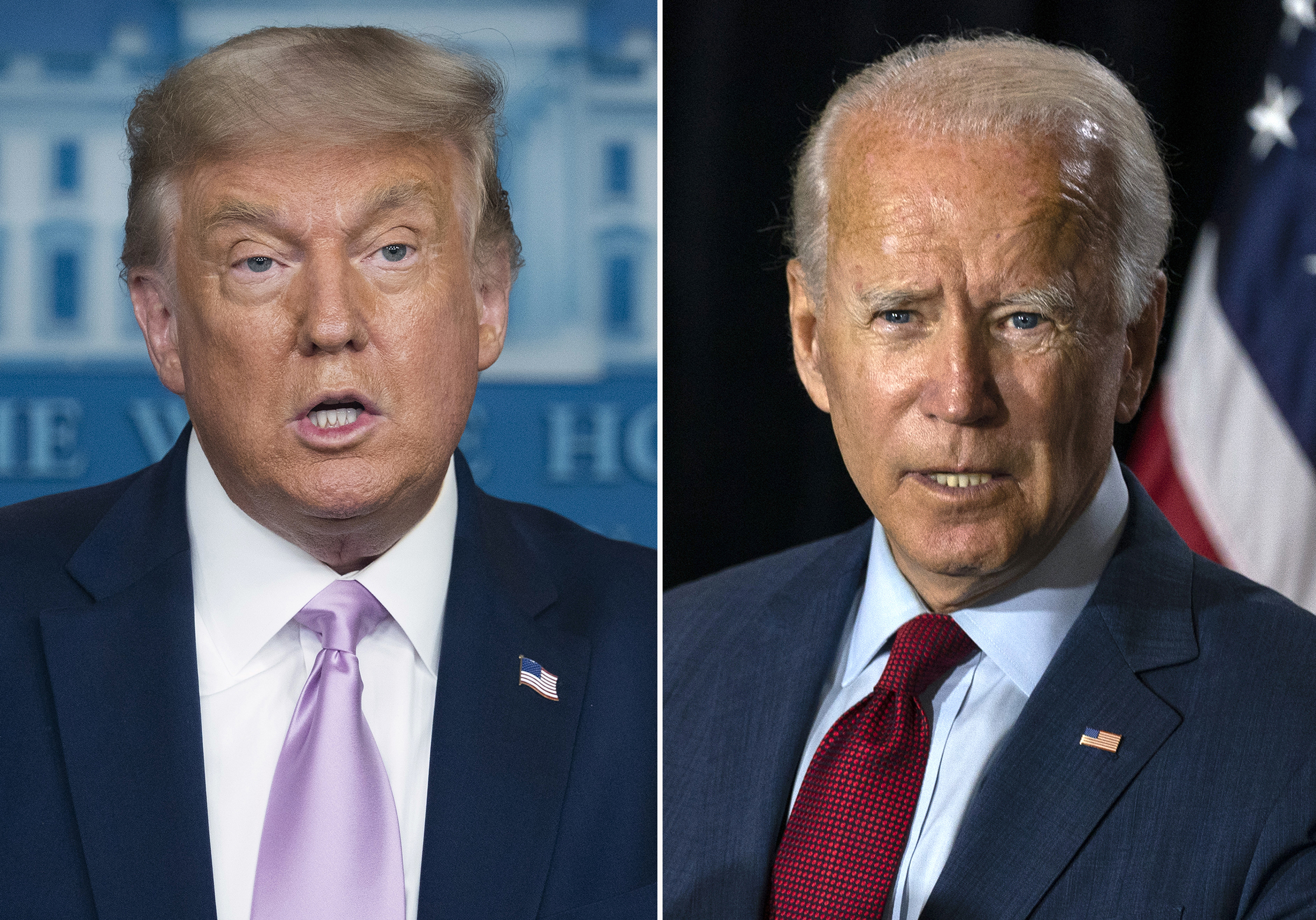 President Donald Trump, left, speaks at a news conference on Aug. 11, 2020, in Washington and Democratic presidential candidate former Vice President Joe Biden speaks in Wilmington, Del. on Aug. 13, 2020. (AP Photo)